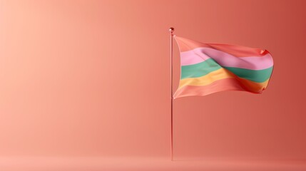 Vibrant multi-colored pride flag in front of a minimalistic coral background, symbolizing LGBTQ+ diversity and inclusion.