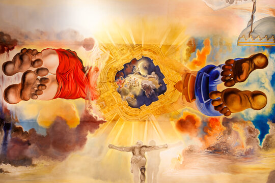 Ceiling Frescoes by Salvador Dali, featuring giant, barefoot figures of Dali and Gala at Palace of the Wind in Dali Theater-Museum in Figueres, Spain