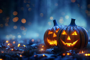 Fototapeta premium Halloween pumpkins on a dark background with lights and bokeh, a spooky Halloween design with glowing faces in the style of different artists.