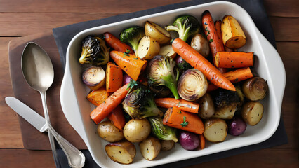A tray of roasted vegetables, including carrots, potatoes, and Brussels sprouts, fresh out of the oven