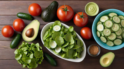 A variety of fresh salad ingredients like lettuce, cucumbers, tomatoes, and avocados
