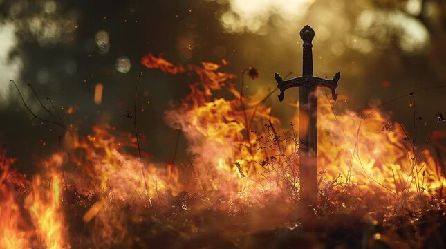 Dramatic scene of a sword stuck in the grassland engulfed in flames, depicting danger and conflict
 Seamless looping 4k time-lapse virtual video animation background. Generated AI
