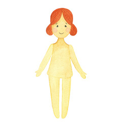 Girl, doll. Blank for a cut out paper doll, stickers. Watercolor, hand-drawn children's style illustration. Character, cartoon, children, baby, doll, girl, game