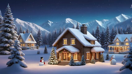 A snowy landscape with decorated houses, twinkling lights, and a snowman