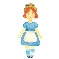A girl in a blue dress and hat. Preparation for a cut out paper doll, stickers. Watercolor, hand-drawn children's illustration. Character, cartoon, children, kid, dress, hat, doll, girl, clothing