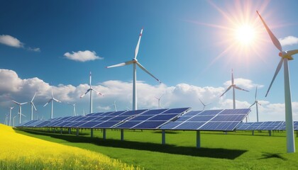 Solar panels and wind turbines set in a green field under a bright sunny sky. This image highlights renewable energy sources and sustainable technology, emphasizing the importance of clean energy for