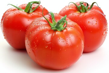 Fresh and ripe tomatoes with vibrant red color and dewdrops, captured in a natural and inviting garden setting
