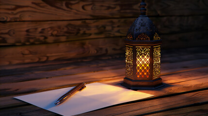 Islamic Lantern with blank paper and pen on wood table, mock up note