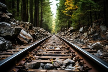 A scenic railway track running through a dense forest, surrounded by rocks and trees with vibrant green foliage.