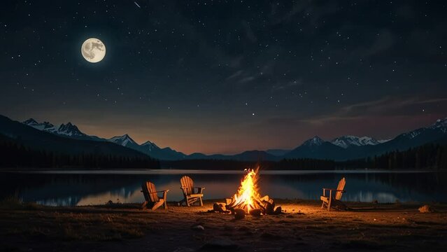 camp and campfire with lake, forest and mountain views. seamless looping 4k video