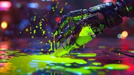 
A robot hand holding an artist paintbrush, pouring neon green liquid onto the floor. Paint splashes around in vibrant colors, illuminated by cinematic lighting, capturing a hyper-realistic style.