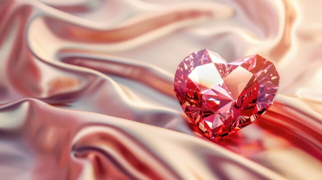 Valentine s Day Love Greeting Card with Heart Gem Crystal on Silky Background