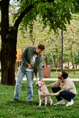 Obraz premium A bearded gay couple enjoys a leisurely afternoon in a green park with their labrador retriever.