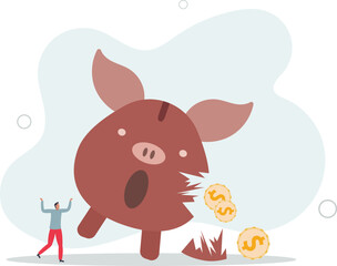 Money loss from investment failure, bad habit problem in personal finance, debt crisis or inflation money reduction .flat vector illustration.