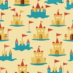 Seamless pattern of minimalist sandcastles with small flags, Generative AI