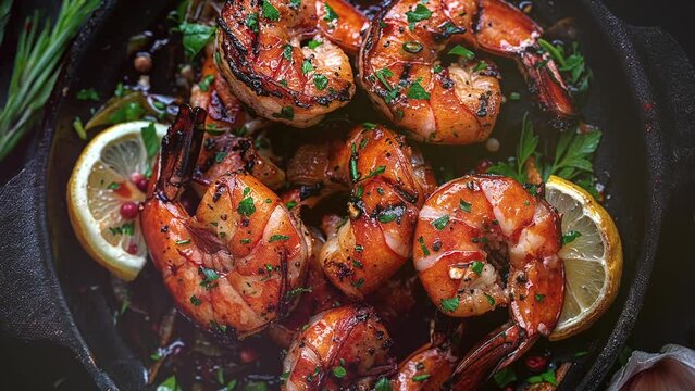 Grilled Shrimps in Skillet with Lemon and Rosemary