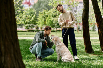 A bearded gay couple is enjoying a sunny afternoon in the park with their labrador retriever.