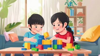 Adorable brother and sister play with toy blocks in the living room at home. Bonding siblings, friendship and learning through Vector illustration