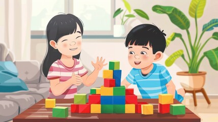 Adorable brother and sister play with toy blocks in the living room at home. Bonding siblings, friendship and learning through Vector illustration