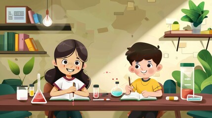 A group of children conducting chemical experiments in a friendship test tube. and learning Vector assembly