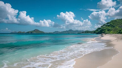 A serene beach scene featuring clear turquoise water and a sandy shore with lush green hills in the background. Ideal for promoting travel destinations, vacation retreats, AI