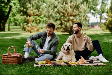 A bearded gay couple enjoys a picnic with their labrador dog in a lush green park. The couple is laughing and enjoying a bottle of wine, creating a happy and relaxed atmosphere.