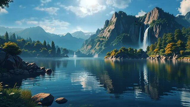lake with views of mountains and waterfalls. seamless looping 4k video