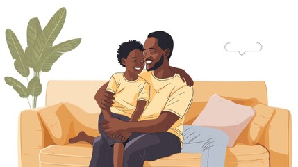 Obraz premium Father and teenage son cuddling on the sofa at home and looking at each other. Vector illustration --