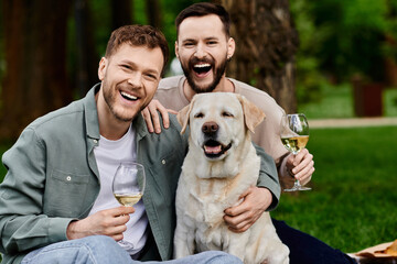Two bearded men laugh joyfully with their Labrador dog while enjoying a picnic in a green park.