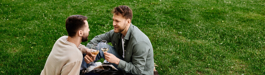 A bearded gay couple enjoys a picnic in a green park, sharing a toast