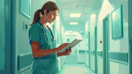 Female doctor wearing a suit examining a patient in a hospital corridor using a digital tablet, vector illustration -