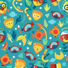 Fototapeta premium Seamless pattern of small snorkels and diving masks with simple details, Generative AI