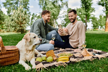 A bearded gay couple enjoys a picnic in a green park with their labrador dog.