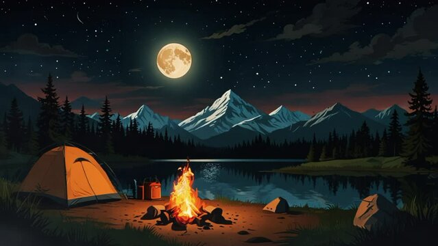 camp and campfire with views of lakes, forests and mountains in anime or cartoon style. seamless looping 4k video