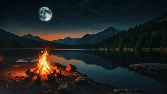 camp and campfire with lake, forest and mountain views. seamless looping 4k video