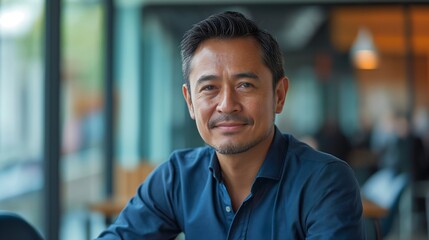 Obraz premium Portrait of male Filipino handsome business leader, modern bright office boardroom, professional atmosphere, leadership, diverse workplace, corporate setting.