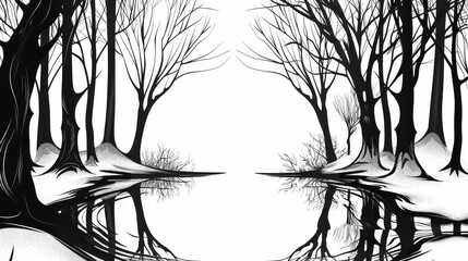 winter forests flat design side view mystical water color black and white