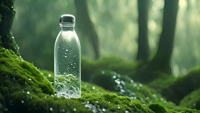 Mineral glass water bottle mockup placed on a rock in the middle of nature with a mountains background and wide banner including copy space area