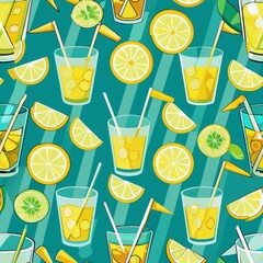 Seamless pattern of tiny lemonade glasses with straws and lemon slices, Generative AI
