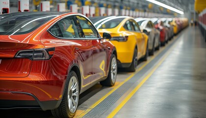 Red electric cars lined up in an assembly