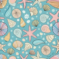 Fototapeta premium Seamless pattern of tiny seashells and starfish with soft outlines, Generative AI
