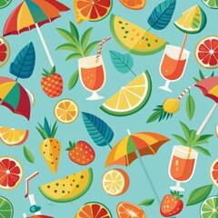 Seamless pattern of tiny tropical drinks with umbrellas and fruit slices, Generative AI