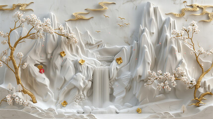 The concrete wall features a relief mosaic with gilded details depicting a Japanese garden landscape with tranquil waterfalls, majestic mountains and blooming sakura trees.