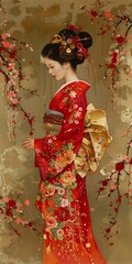 Naklejka premium A Japanese woman wearing a red kimono with floral patterns and a golden obi standing in front of a golden background with cherry blossoms.