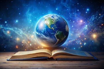  Ancient books and Earth's globe with stars and universe art. Magic and space theme. The blue light on the background. Planet concept. Place for text and infographic. 