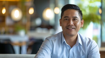 Obraz premium Portrait of male Filipino handsome business leader, modern bright office boardroom, professional atmosphere, leadership, diverse workplace, corporate setting.