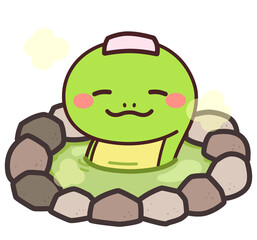 温泉に入る巳のかわいいキャラクター　イラスト素材