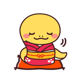 着物を着た巳のかわいいキャラクター　女の子　お辞儀　イラスト素材
