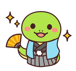 扇子を持った巳のかわいいキャラクター　着物　イラスト素材