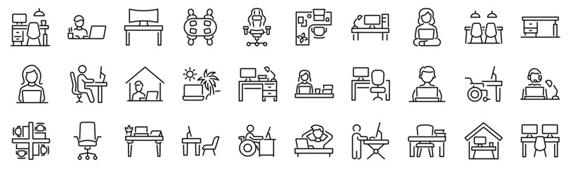 Set of 30 outline icons related to workspace. Linear icon collection. Editable stroke. Vector illustration © SkyLine